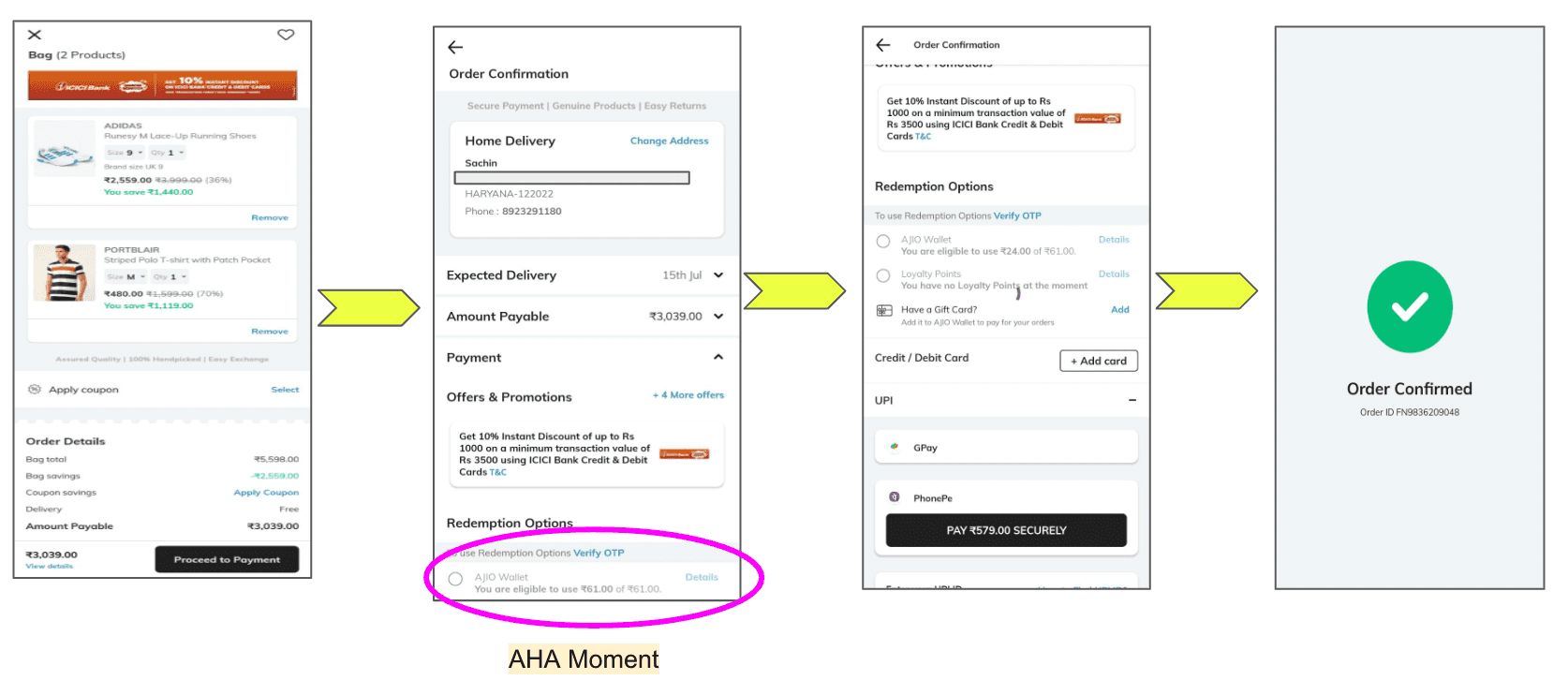 Order confirmation screen with AJIO wallet credit