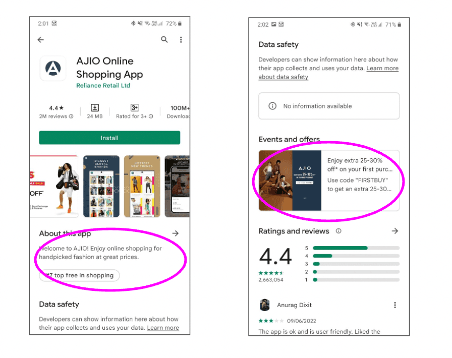 AJIO's Play Store listing screen